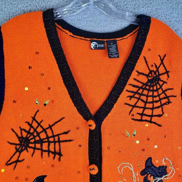 VTG 90's Basic Editions Halloween Applique Orange Cat Spider Sweater Vest Sz 2X - Picture 4 of 8